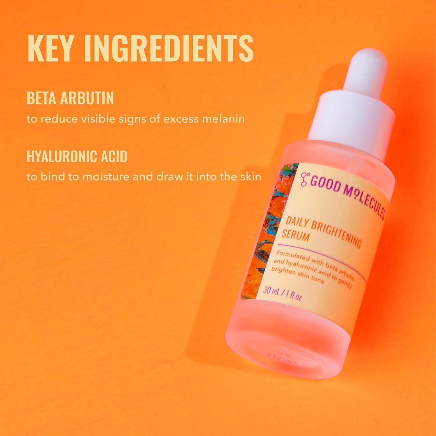 Good Molecules Daily Brightening Serum Pack 2 label closeup highlighting beta arbutin and hyaluronic acid