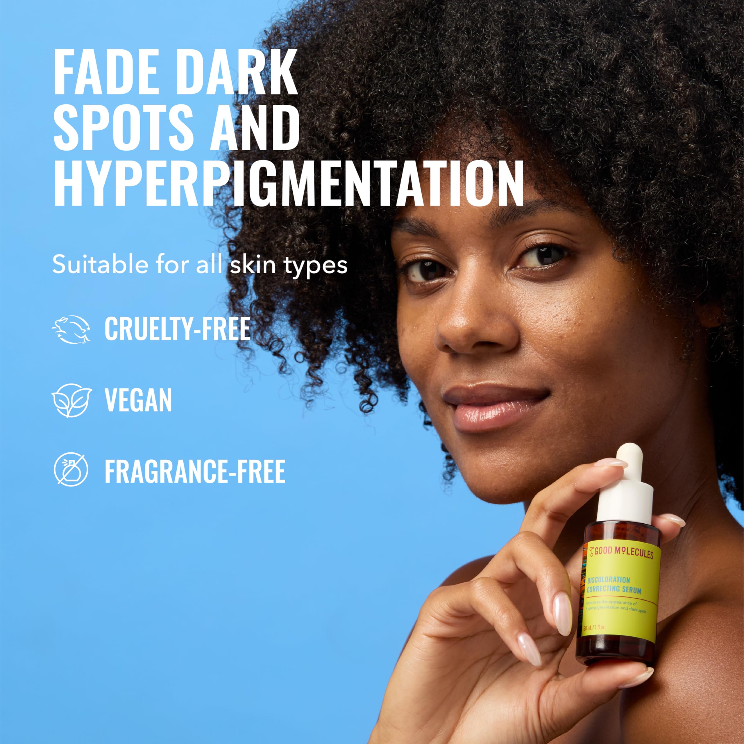 Good Molecules Discoloration Correcting Serum Pack 2 bottle angle shows lightweight formula for daily use.