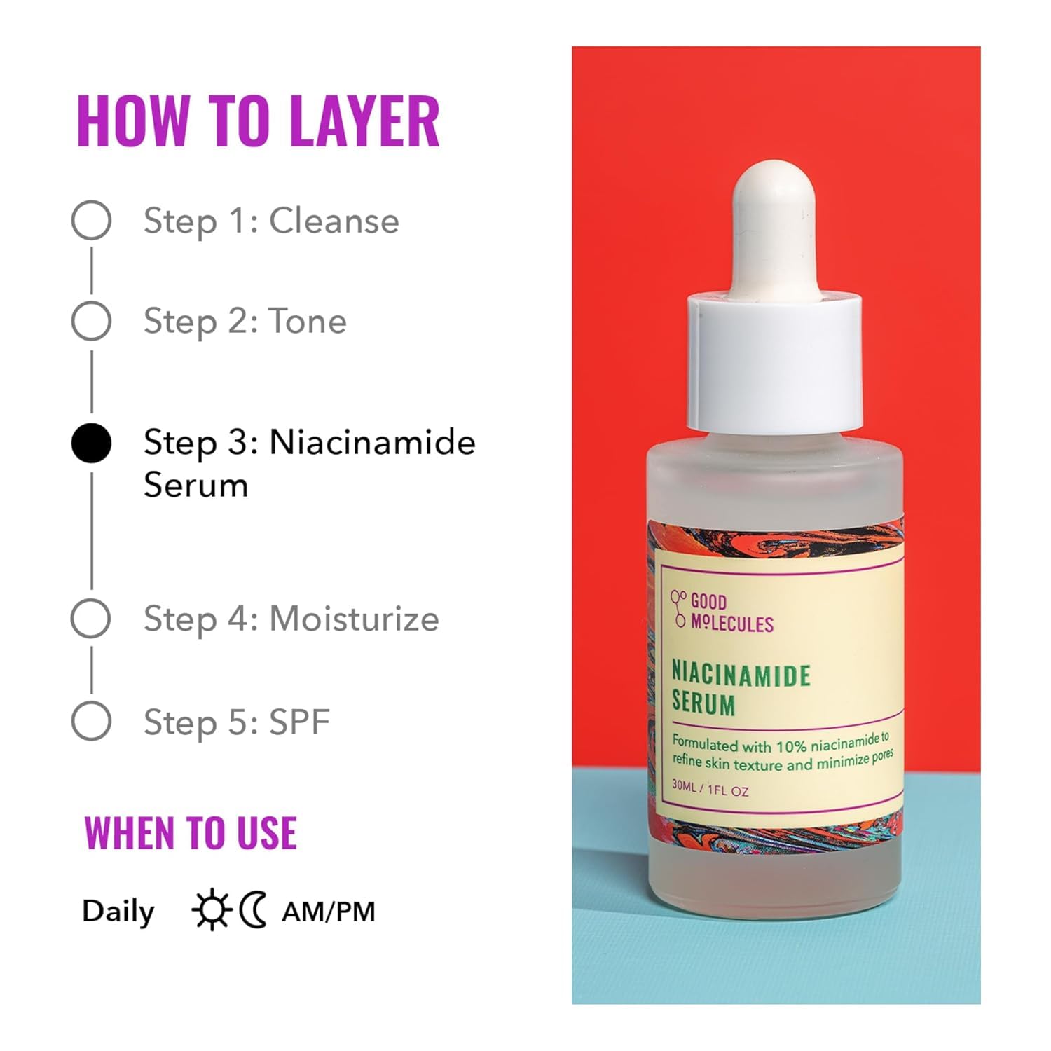 Good Molecules Niacinamide Serum dropper dispenses lightweight serum.