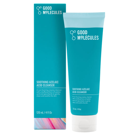 Good Molecules Soothing Azelaic Cleanser bottle on a clean surface for gentle daily cleansing.