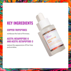 Good Molecules Super Peptide Serum Pack label closeup highlights peptides and copper tripeptides for firming hints