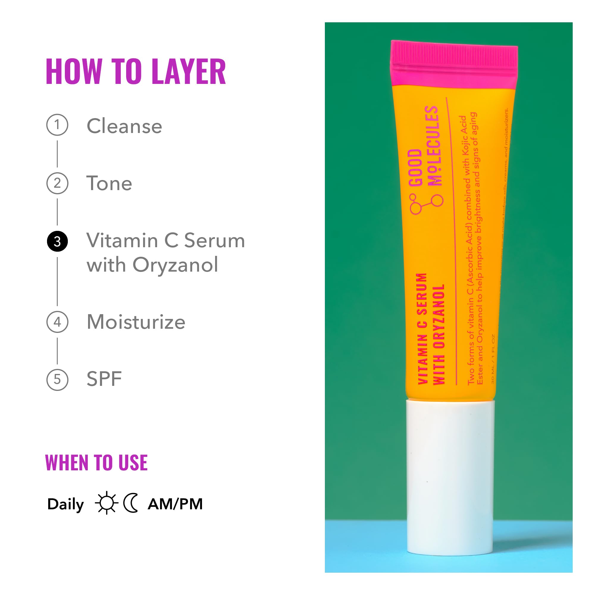 Good Molecules Vitamin C Serum with Oryzanol ingredients list featuring antioxidants and C forms.