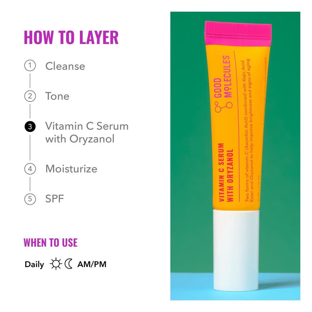 Good Molecules Vitamin C Serum with Oryzanol ingredients list featuring antioxidants and C forms.