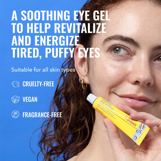 Close-up of Good Molecules Yerba Mate Wake Up Eye Gel tube highlighting caffeine for refreshed under-eyes.