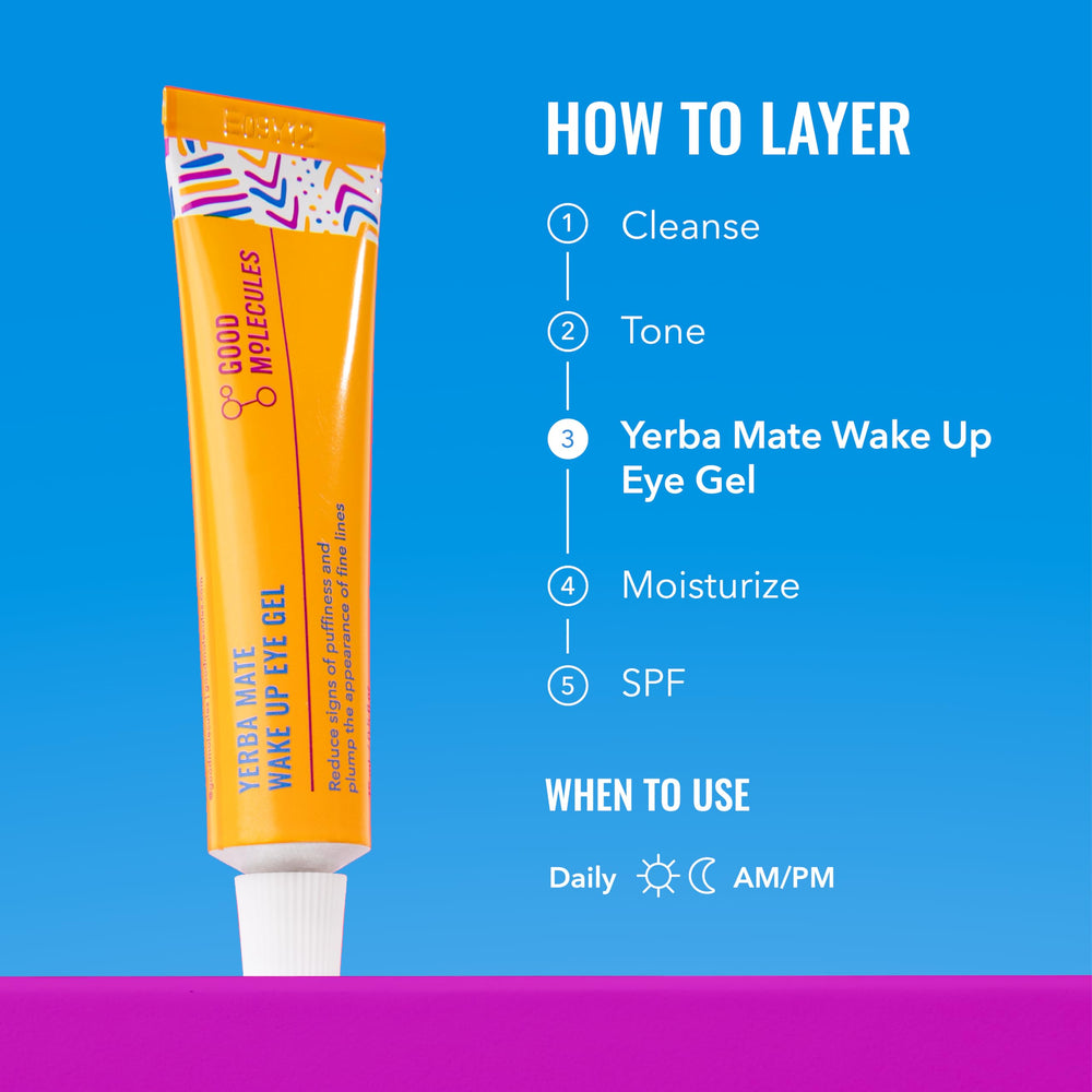 Two Good Molecules Yerba Mate Wake Up Eye Gel tubes on counter.
