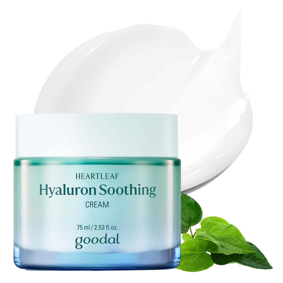 GOODAL Heartleaf Hyaluron soothing cream tube close-up showing rich hydration benefits.