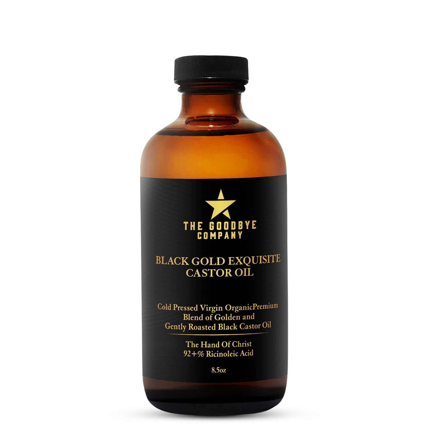 The Goodbye Company Black and Gold Castor Oil Blend bottle for skin and hair nourishment.