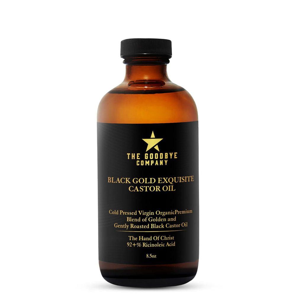 The Goodbye Company Black and Gold Castor Oil Blend bottle for skin and hair nourishment.