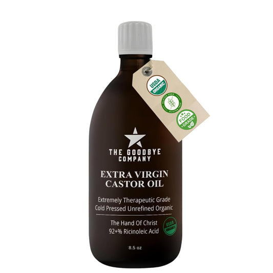 The Goodbye Company castor oil bottle in amber glass preserves potency for daily use