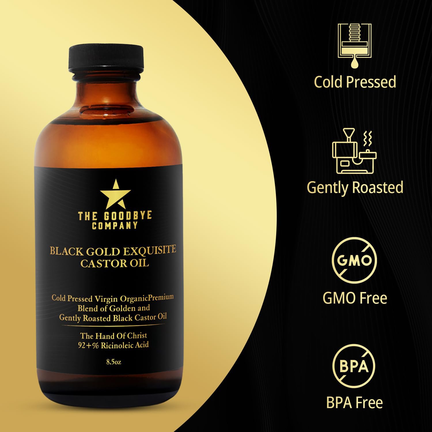 The Goodbye Company castor oil applied to hair strands for nourishment.