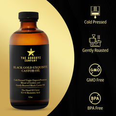 The Goodbye Company castor oil applied to hair strands for nourishment.