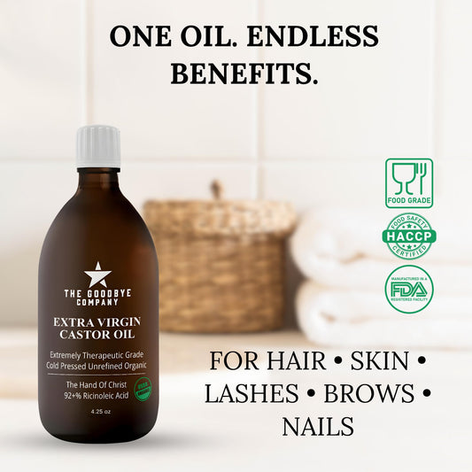 Goodbye Company organic cold-pressed castor oil label close-up highlighting purity