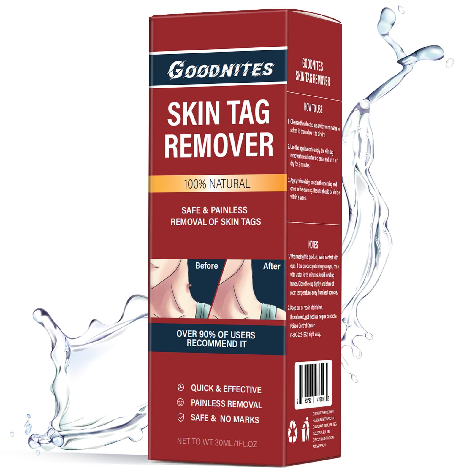 Goodnites Skin Tag Remover bottle close-up highlights the quick-dry formula.