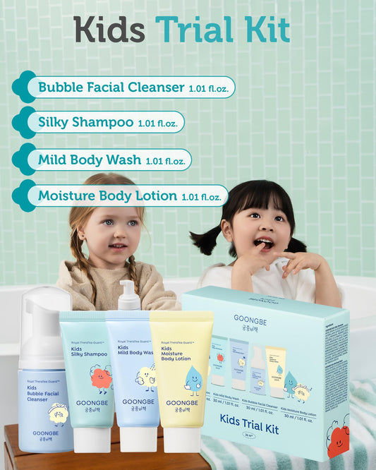 GOONGBE kids travel kit body wash bottle with micellar cleanse for gentle skin.