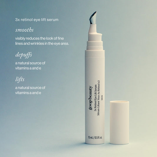 Goop Beauty 3x Retinol Eye Lift Serum cooling metal applicator aiding gentle application.