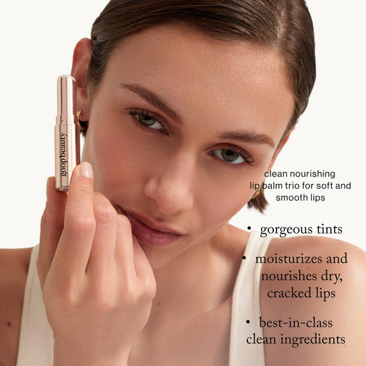 Goop Lip Balm Trio clear tube close-up showing hydrating formula