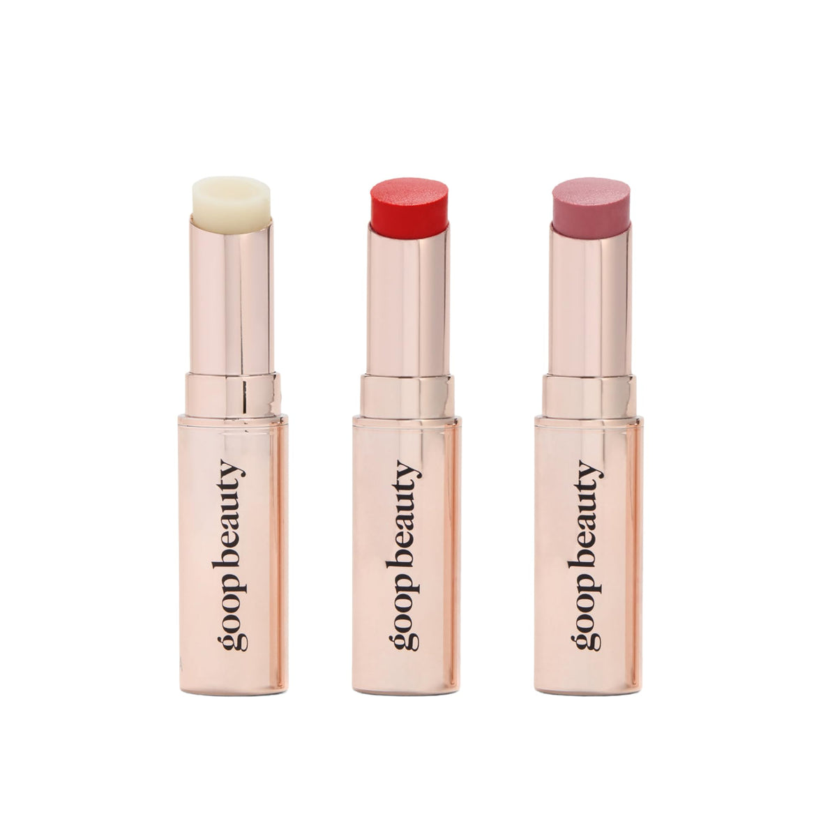 Goop Beauty Lip Balm Trio clear swatch showing everyday moisture and smooth lips.