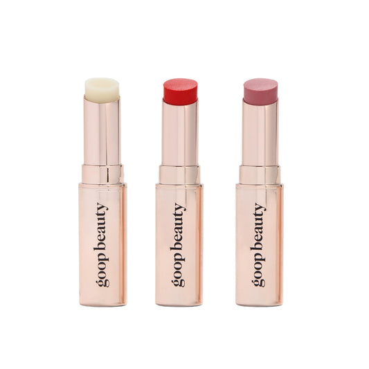 Goop Beauty Lip Balm Trio clear swatch showing everyday moisture and smooth lips.