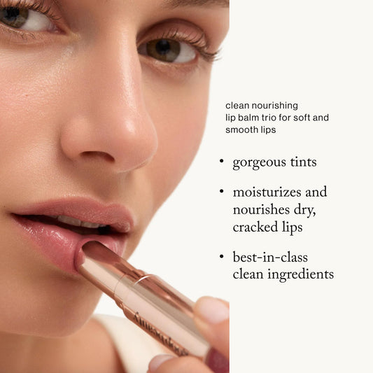 Goop Beauty Lip Balm Trio Peony swatch with nude-pink tint for natural color.