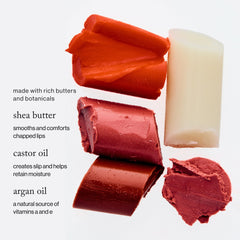 Goop Beauty Lip Balm Trio Tomato swatch with clear-red tint for vibrant lips.