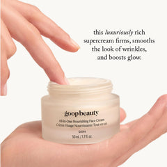 goop Beauty Nourishing Face Cream being applied to cheek suggests smoothing fine lines.