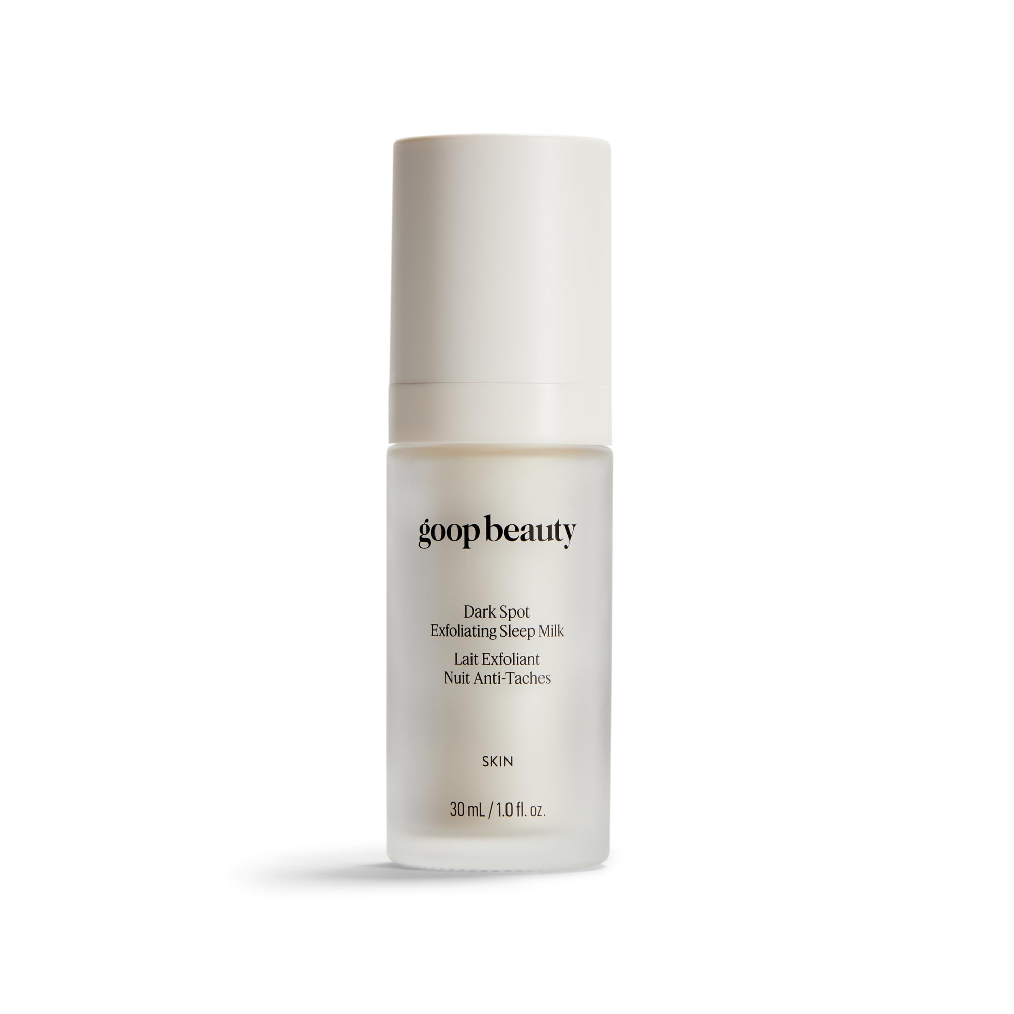 Goop Beauty Sleep Milk Serum bottle closeup for night skincare.