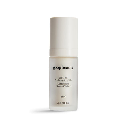 Goop Beauty Sleep Milk Serum bottle closeup for night skincare.