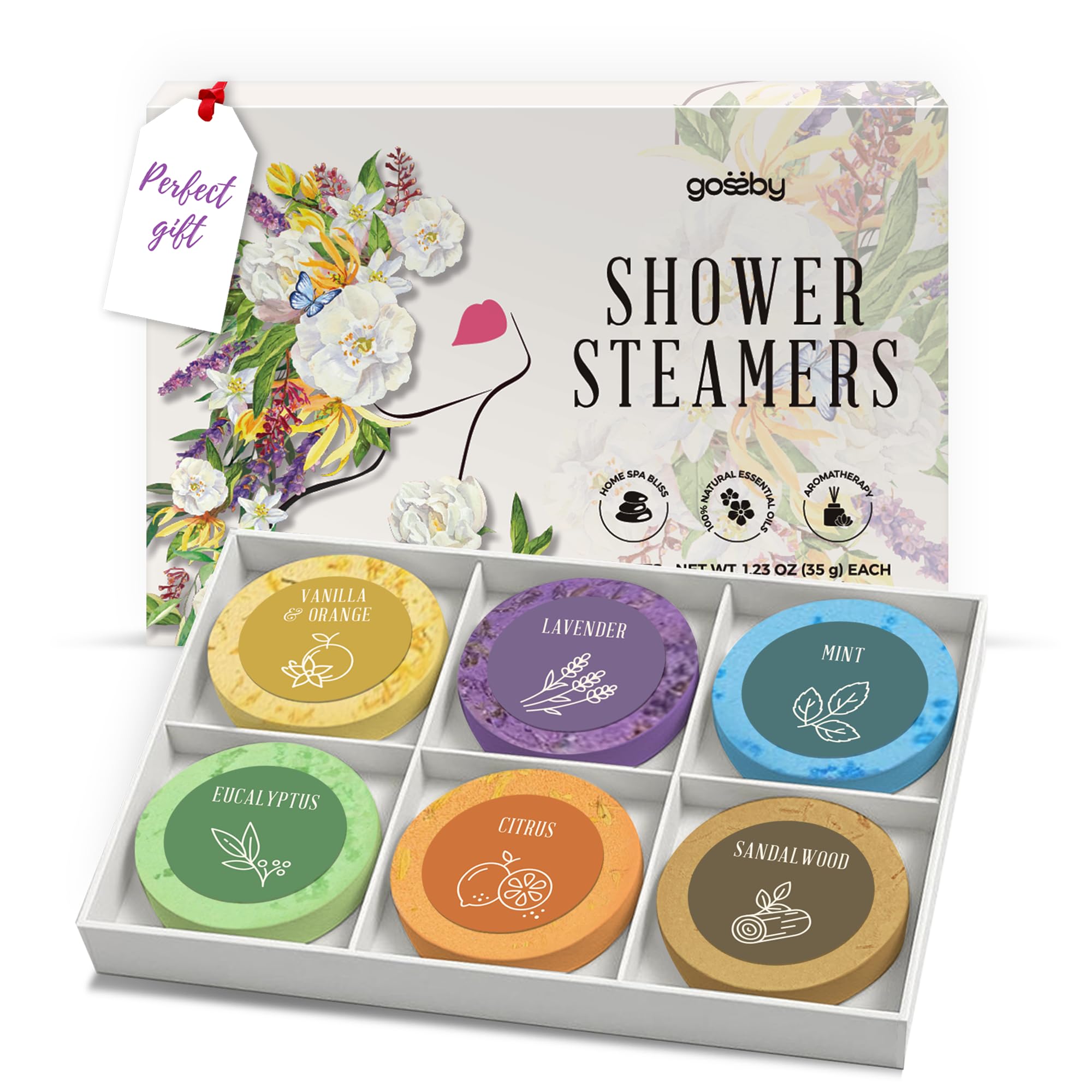 GOSSBY Shower Steamers 6-pack packaging highlights a gift-ready self-care set.