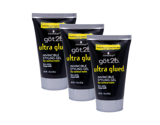 Got2B Ultra Glued Invincible Styling Gel 3-pack bottle front shows strong hold