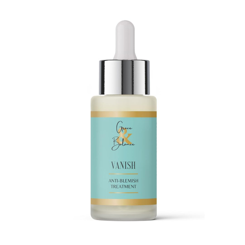 Grace & Balance VANISH serum bottle showing clear gel for blemish-prone skin.