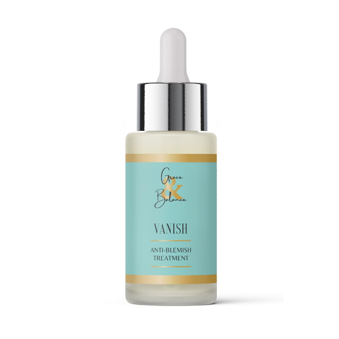 Grace & Balance VANISH serum bottle showing clear gel for blemish-prone skin.