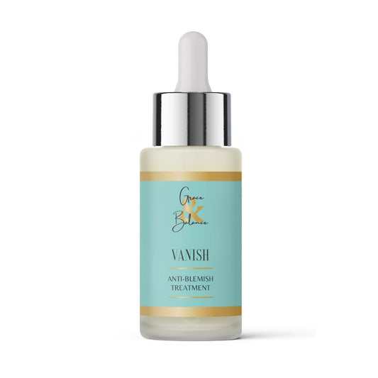 Grace & Balance VANISH serum bottle showing clear gel for blemish-prone skin.