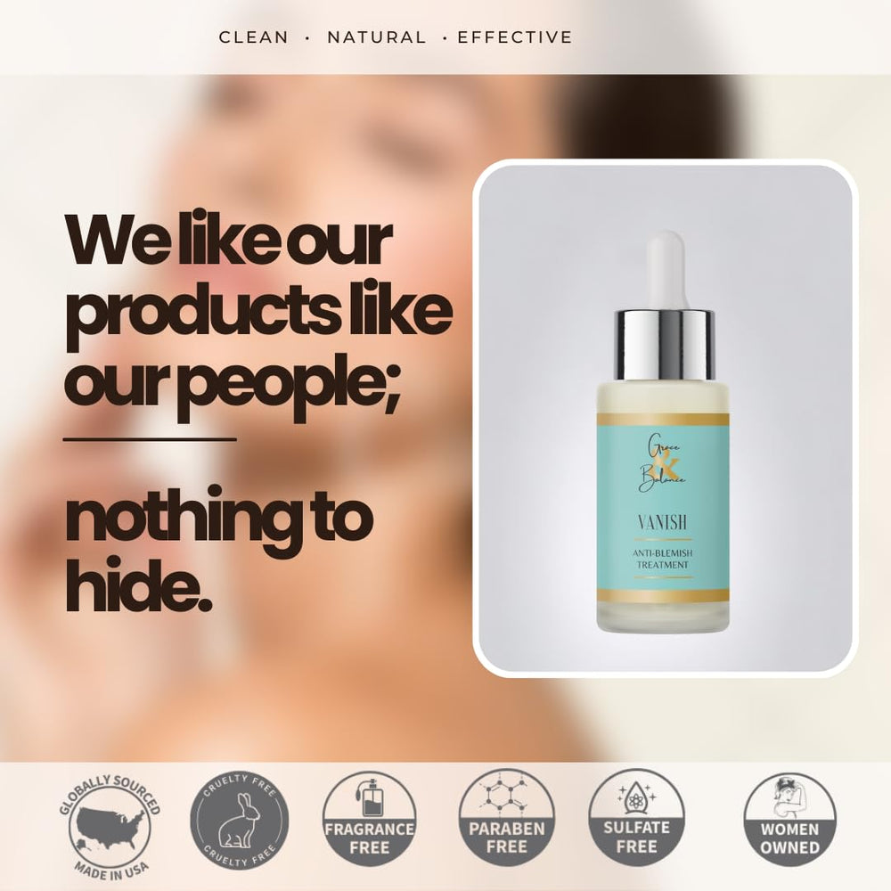 Grace & Balance VANISH serum label highlights 2% salicylic acid for blemish-prone skin.