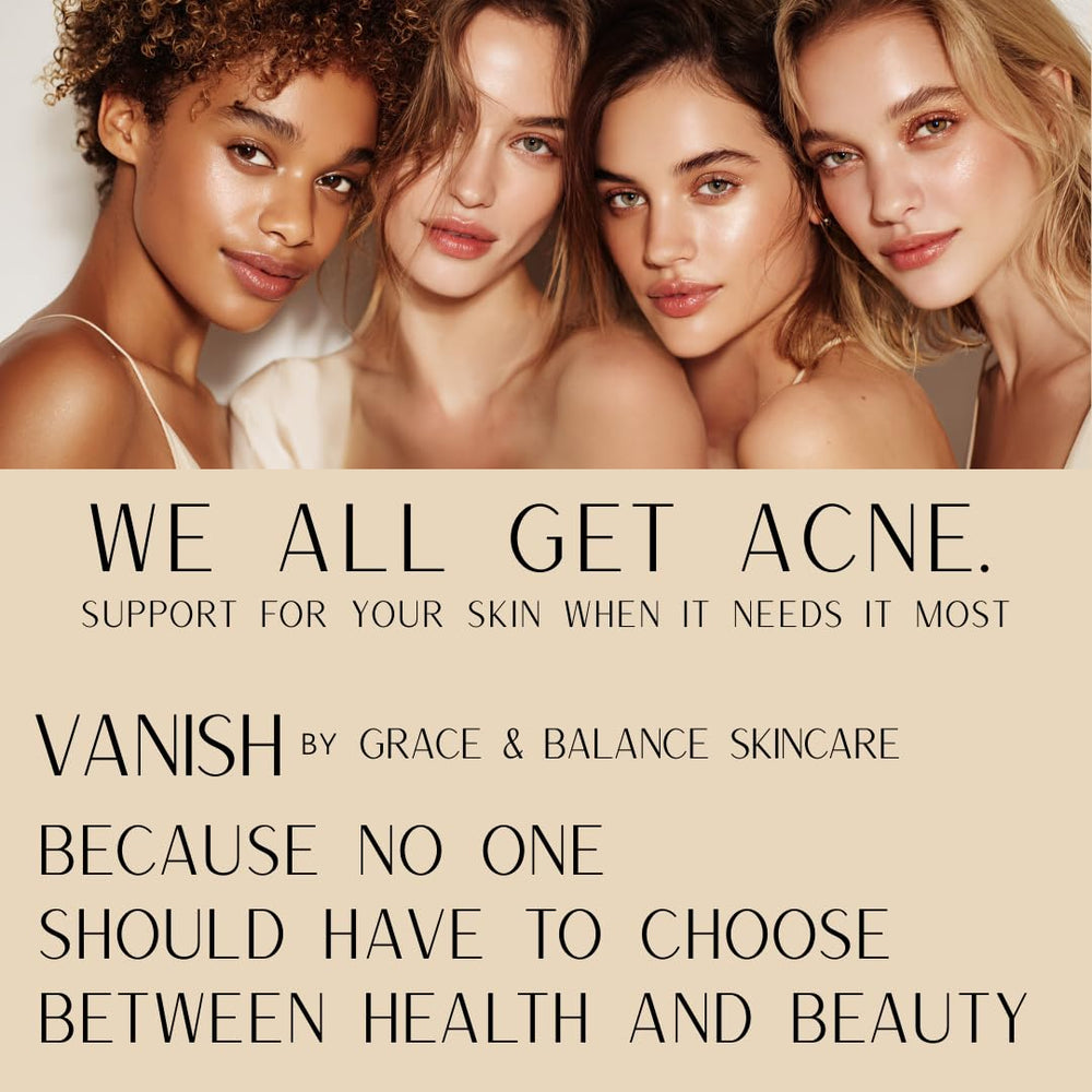 Grace & Balance VANISH serum applied to fingertip for precise daytime or nighttime use.