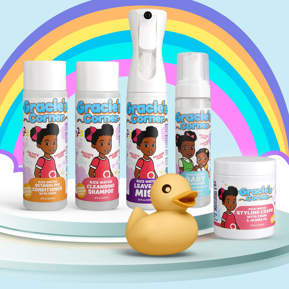 Gracie's Corner Rice Water Leave-In Mist on towel-dried hair for easy detangling.