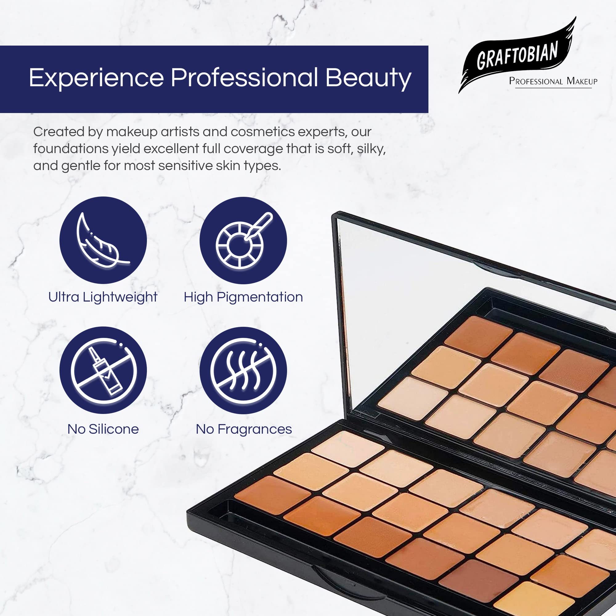 Graftobian Glamour Creme colours with warm undertones shown for satin smooth base