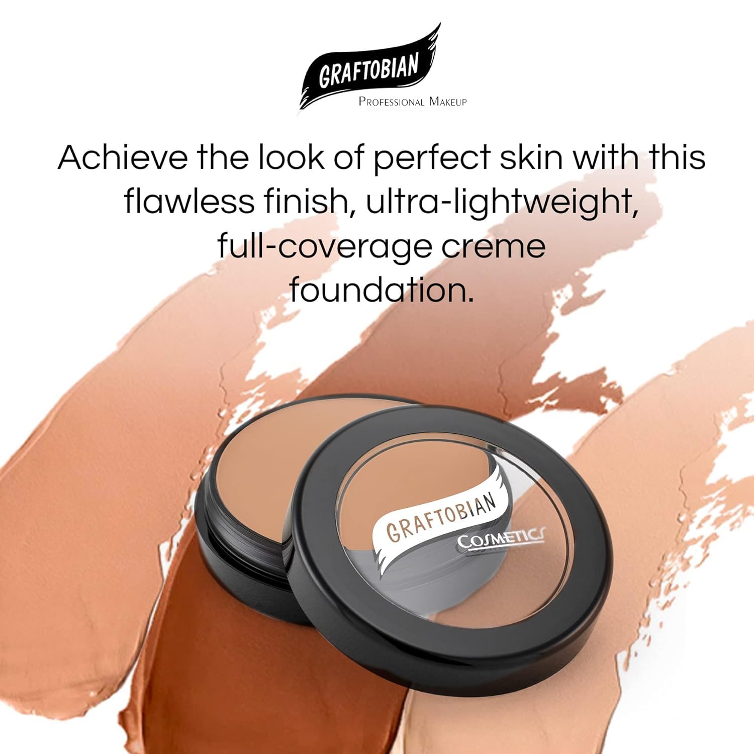 Graftobian HD Glamour Creme swatches show 65 shades for diverse skin tones.