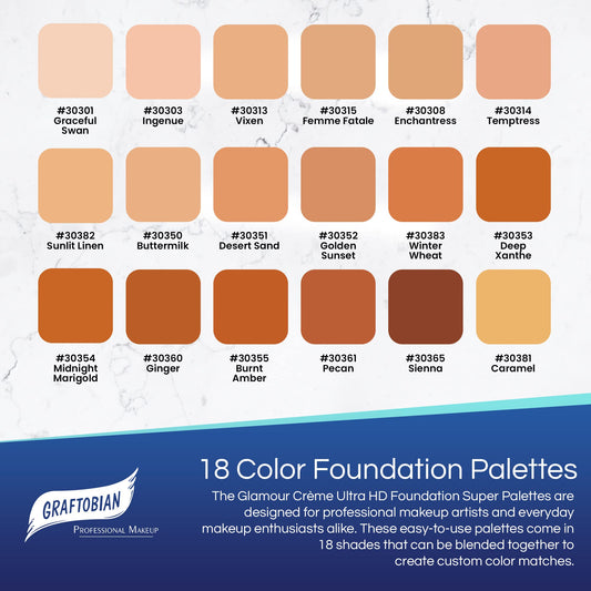 Swatches from the Graftobian warm undertone creme collection for easy shade matching