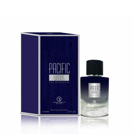 Grandeur Pacific Woods EDP bottle front, masculine citrus-spicy-woody signature for daily wear