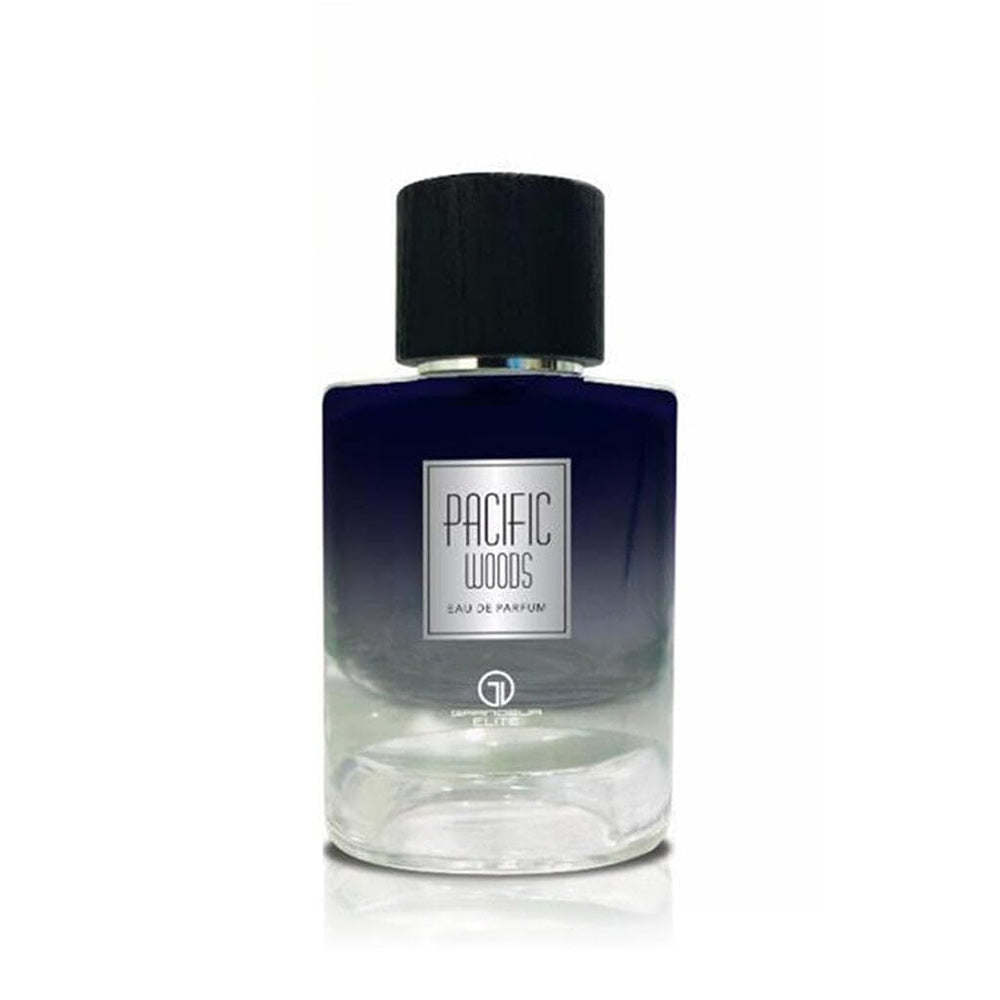 Grandeur Pacific Woods packaging closeup, refined masculinity and long-lasting scent presence
