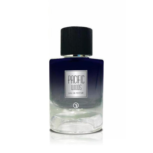 Grandeur Pacific Woods packaging closeup, refined masculinity and long-lasting scent presence