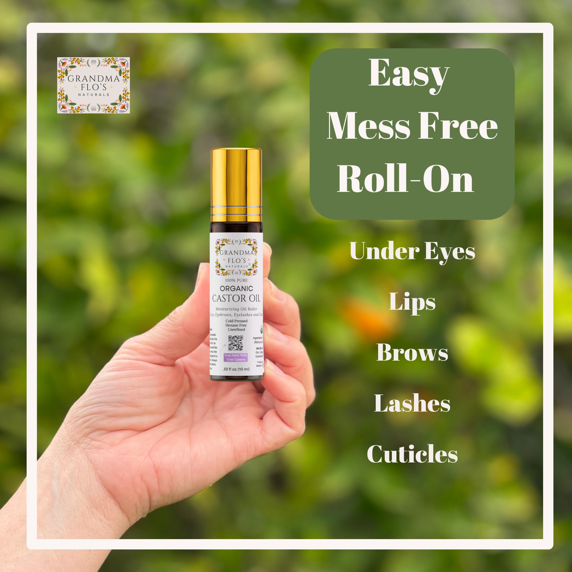 Grandma Flo's Naturals amber glass bottle protects oil from light