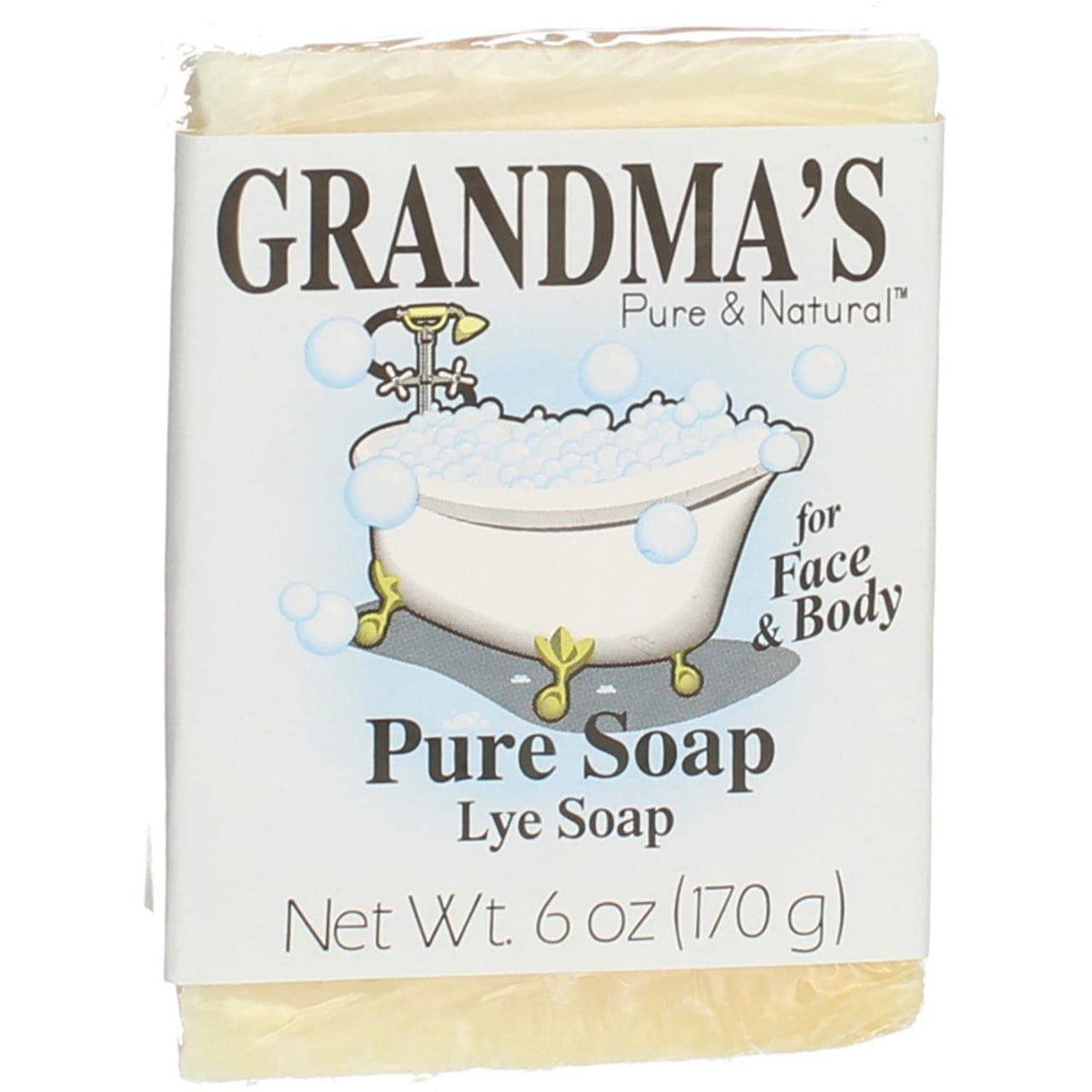 Grandma's Pure & Natural lye soap bar, front view, gentle cleansing for face and body.