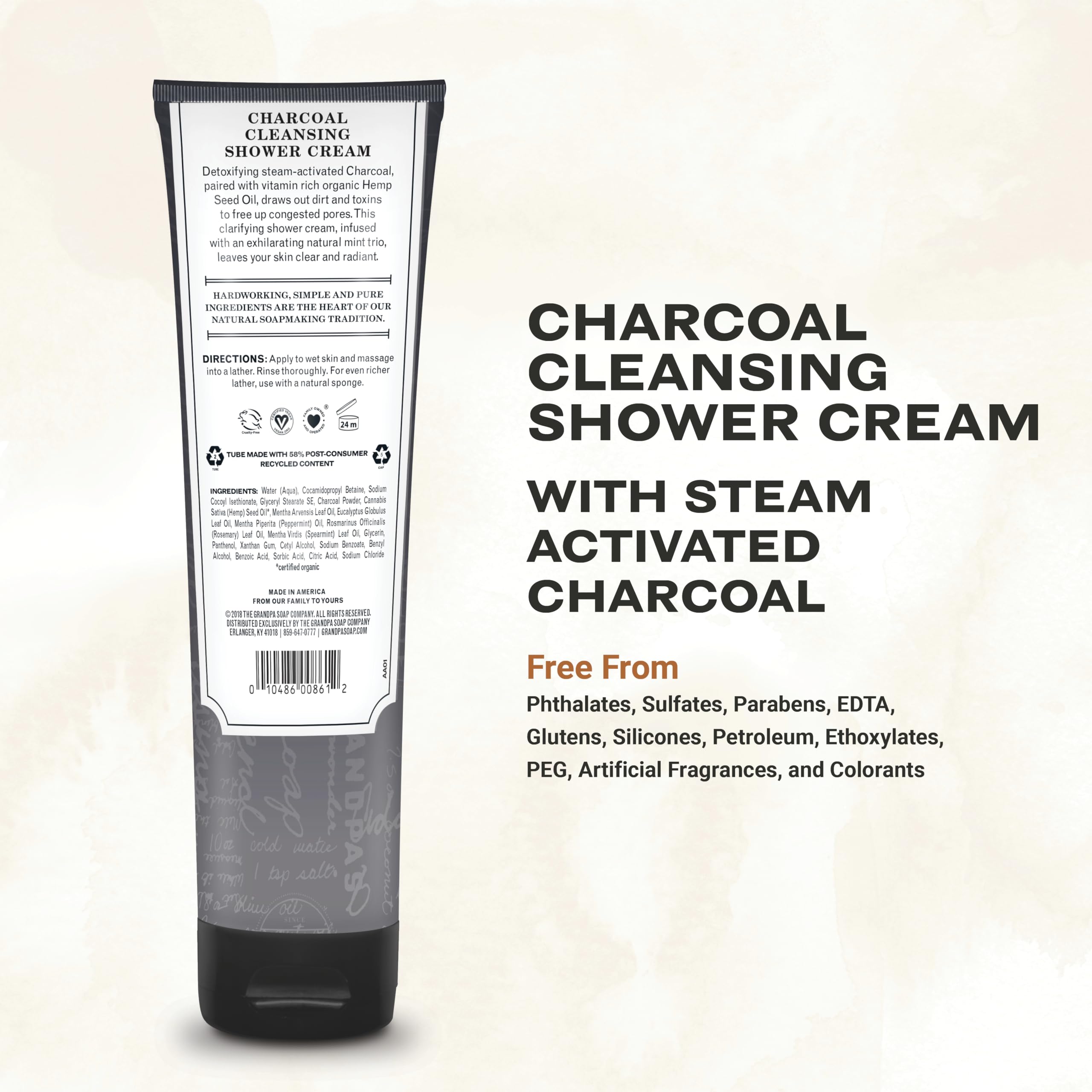 The Grandpa Soap Company charcoal shower cream bottle back showcases vegan, cruelty-free formula.