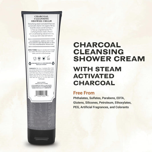 The Grandpa Soap Company charcoal shower cream bottle back showcases vegan, cruelty-free formula.