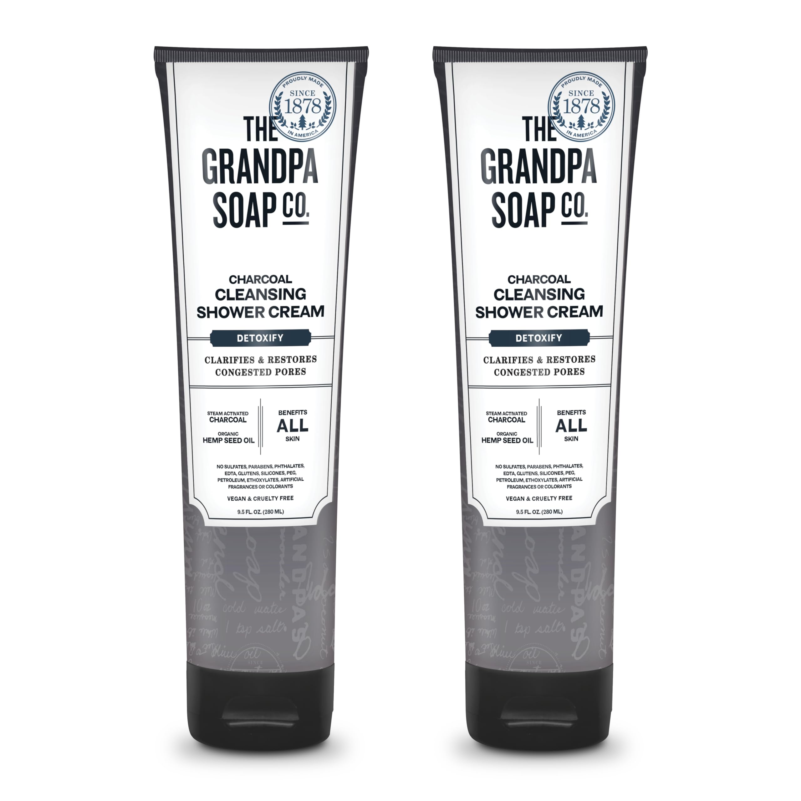The Grandpa Soap Company charcoal shower cream bottle front highlights pore-clarifying charcoal benefits.