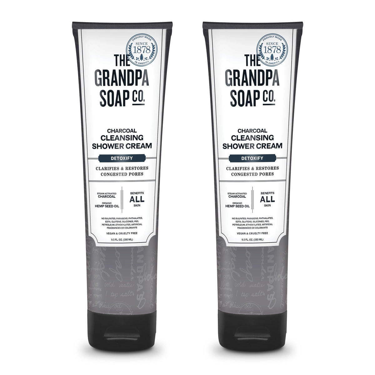The Grandpa Soap Company charcoal shower cream bottle front highlights pore-clarifying charcoal benefits.