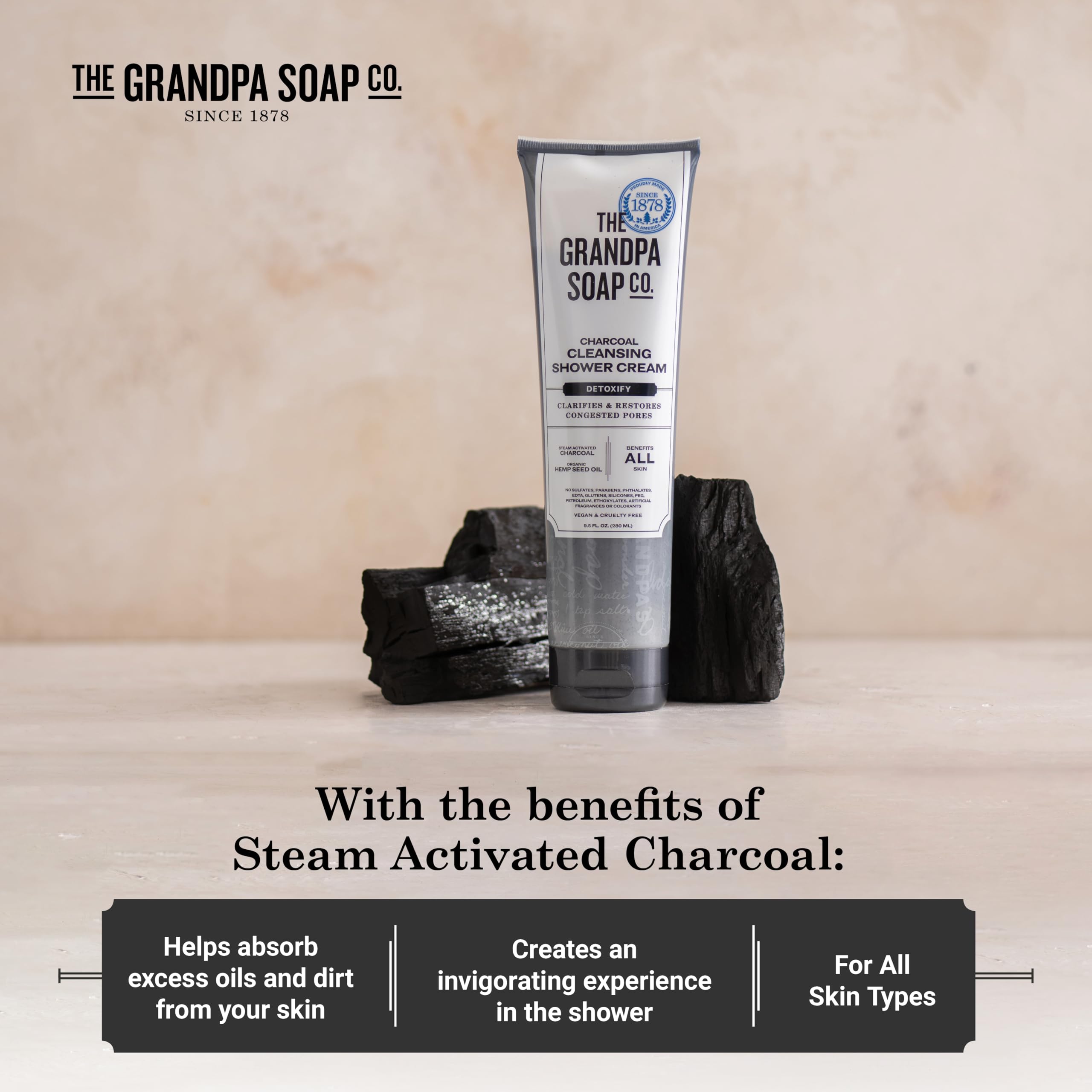 The Grandpa Soap Company charcoal shower cream foaming lather demonstrates easy rinse.