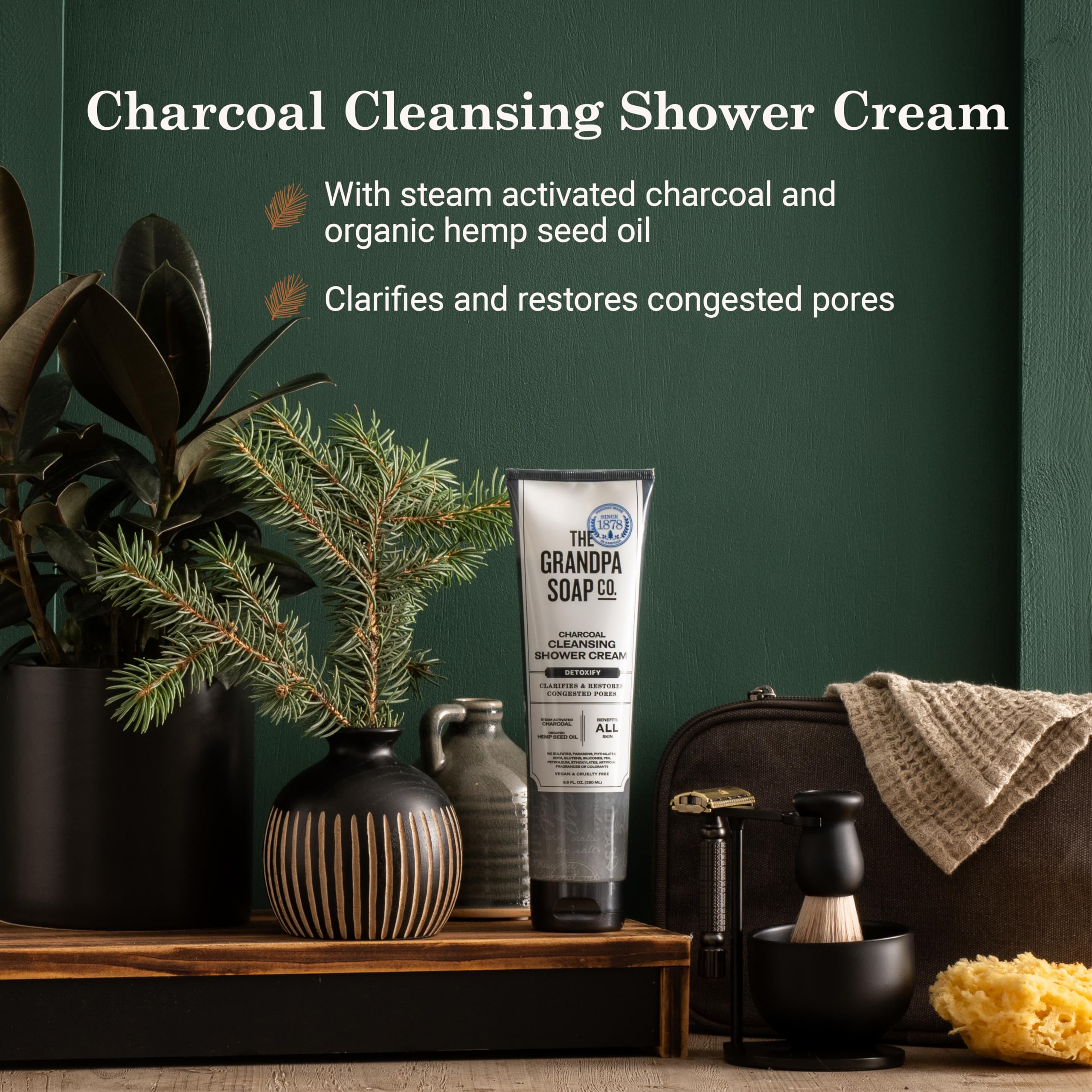 Grandpa Soap charcoal shower cream label detail emphasizes activated charcoal for oil balance.