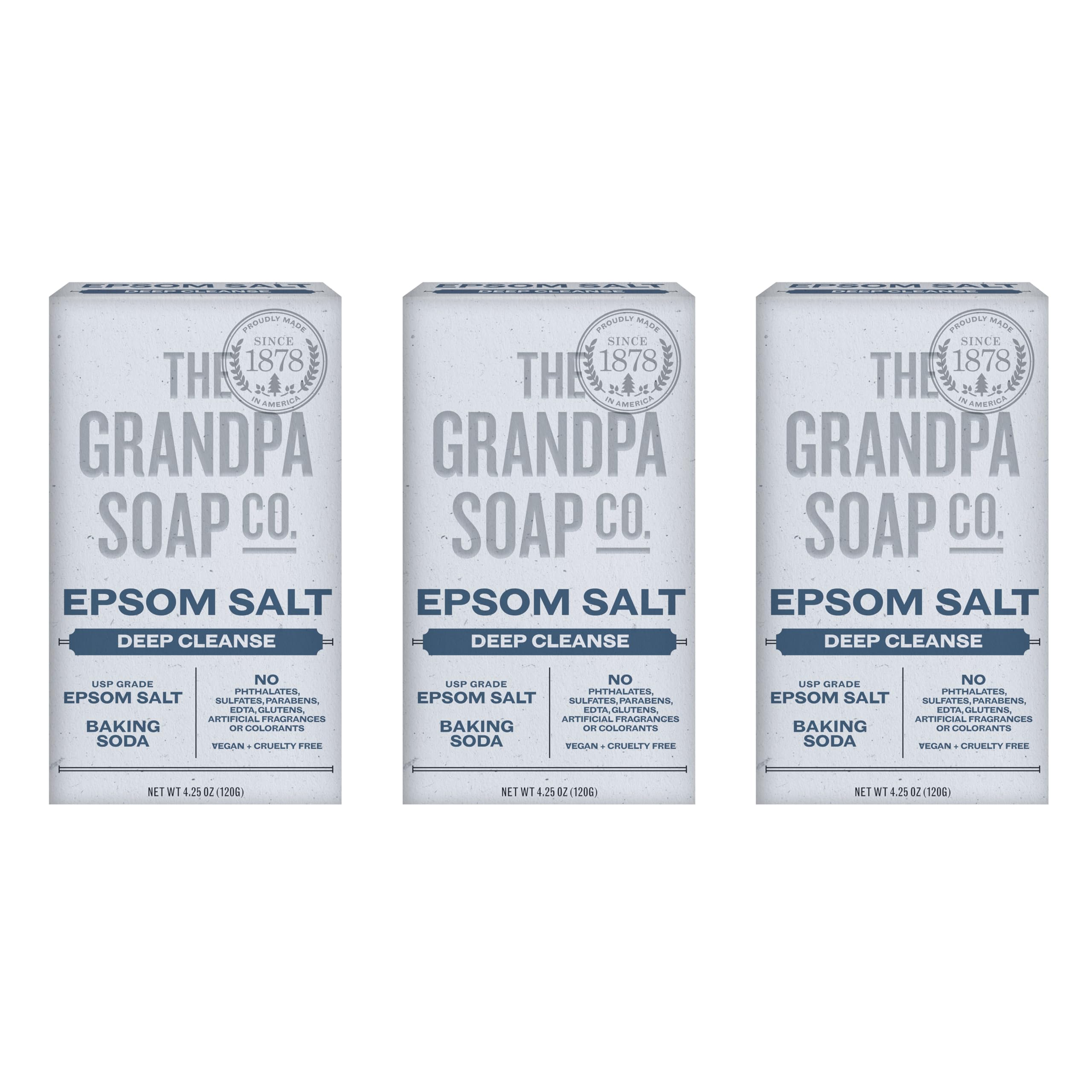 The Grandpa Soap Company Epsom Salt Bar Soap packaging label highlights vegan and cruelty-free choices.
